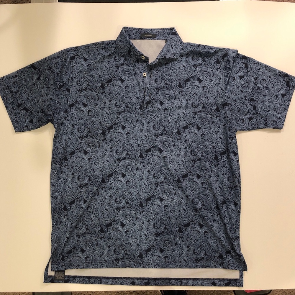 Turtleson Blue Paisley Large Performance Polo. EUC. Polyester/Spandex